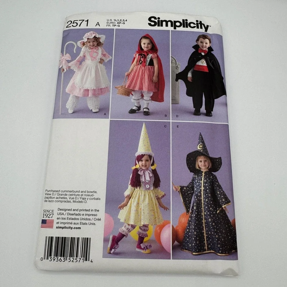 Simplicity 2571 Toddler Costume Sewing Pattern Bo Peep Red Riding Hood Vampire